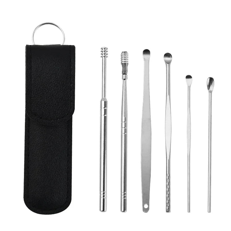 6pcs Stainless Steel Ear Wax Removal Tool Set Spiral Rotating EarPicking Spoon Ear Picker Spoon For Cleaning Collecting Ear Wax - Zelixo.shop
