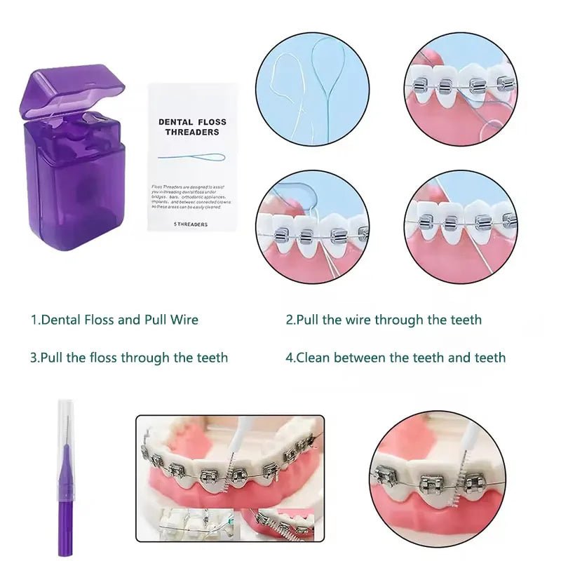 8pcs/set Dental Care Brush Kit Orthodontic Teeth Cleaning Tool Foldable Toothbrush Interdental Brush Floss Thread Wax Travel Kit - Zelixo.shop