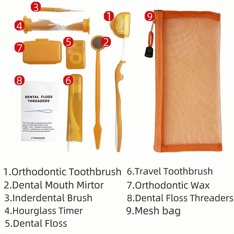 8pcs/set Dental Care Brush Kit Orthodontic Teeth Cleaning Tool Foldable Toothbrush Interdental Brush Floss Thread Wax Travel Kit - Zelixo.shop