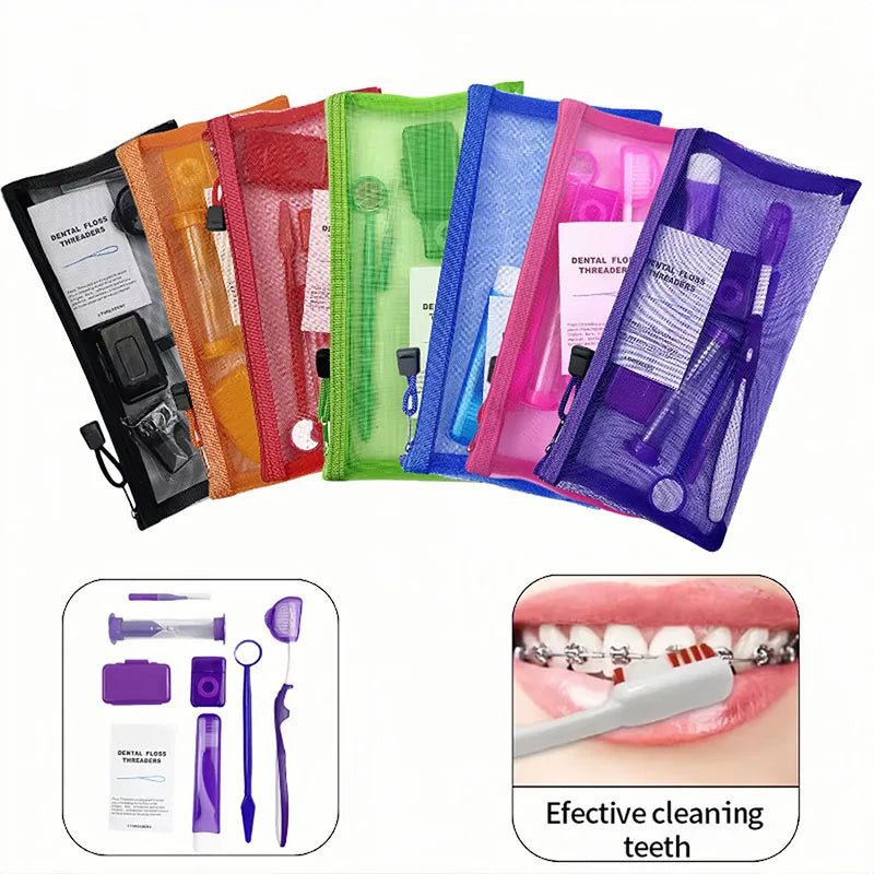 8pcs/set Dental Care Brush Kit Orthodontic Teeth Cleaning Tool Foldable Toothbrush Interdental Brush Floss Thread Wax Travel Kit - Zelixo.shop