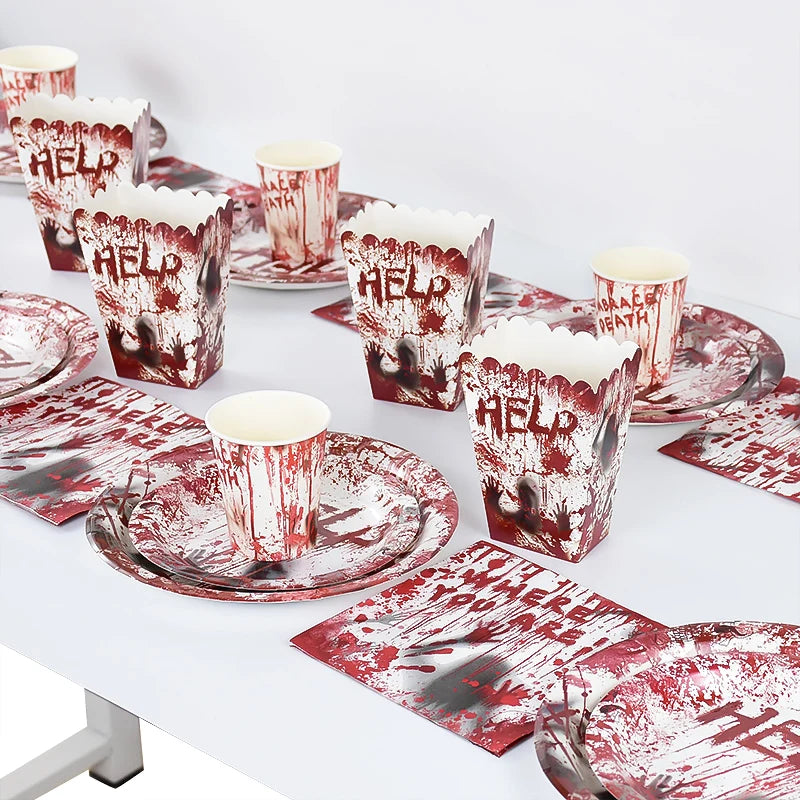 Zelixo Halloween Party Tableware — Bloody Handprint Plates, Cups & Popcorn Boxes
