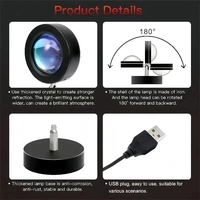 Zelixo USB Sunset Projection Light — 180° Rotating Rainbow Wall Lamp