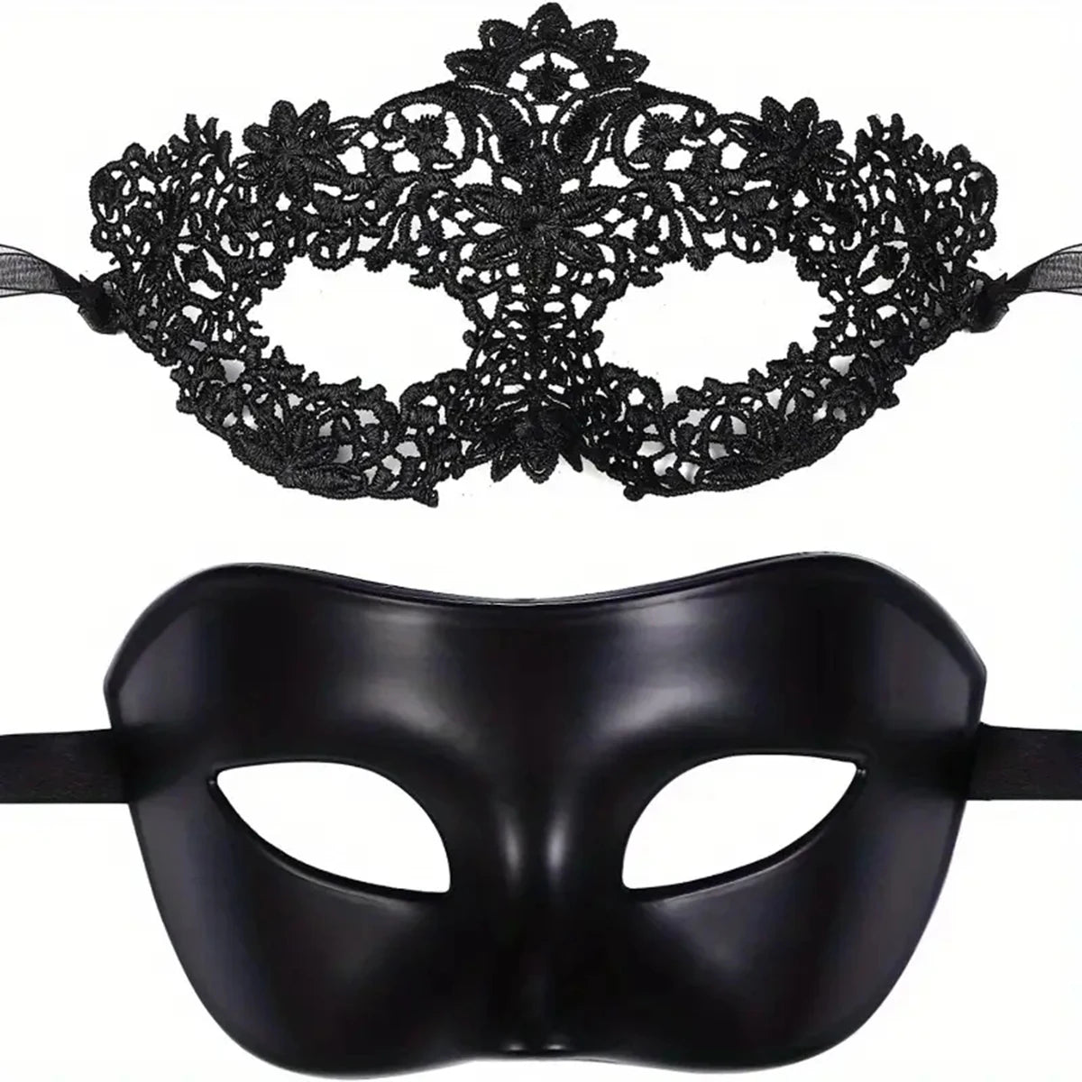 Zelixo Black Lace Masquerade Masks 2pc — Elegant Couples Venetian Party Set
