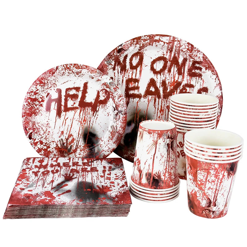 Zelixo Halloween Party Tableware — Bloody Handprint Plates, Cups & Popcorn Boxes