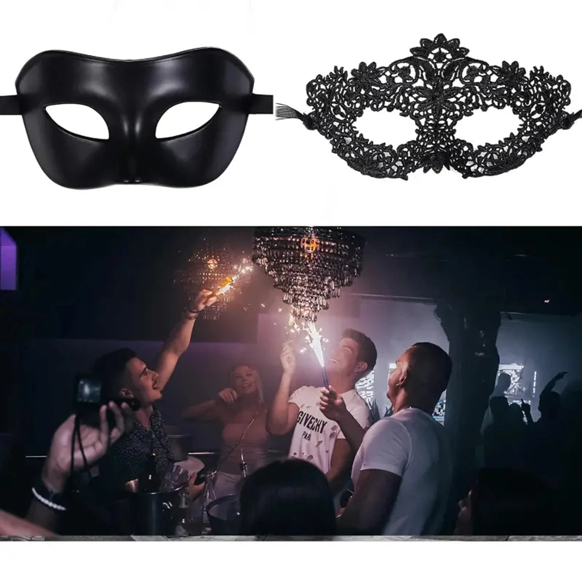Zelixo Black Lace Masquerade Masks 2pc — Elegant Couples Venetian Party Set
