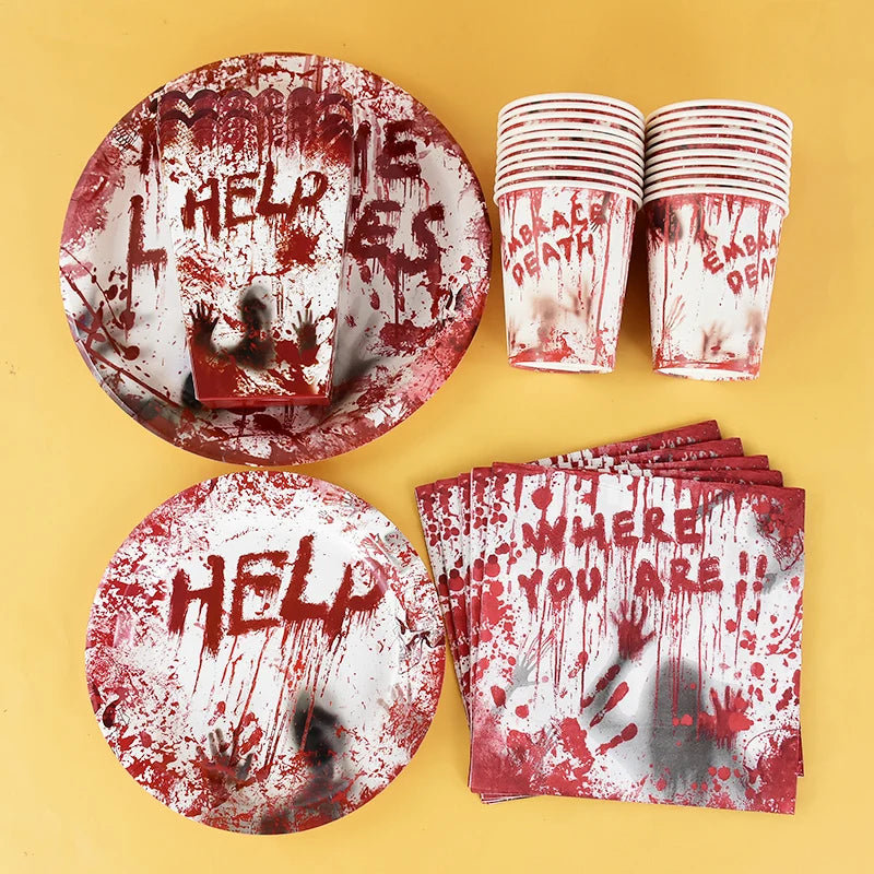 Zelixo Halloween Party Tableware — Bloody Handprint Plates, Cups & Popcorn Boxes