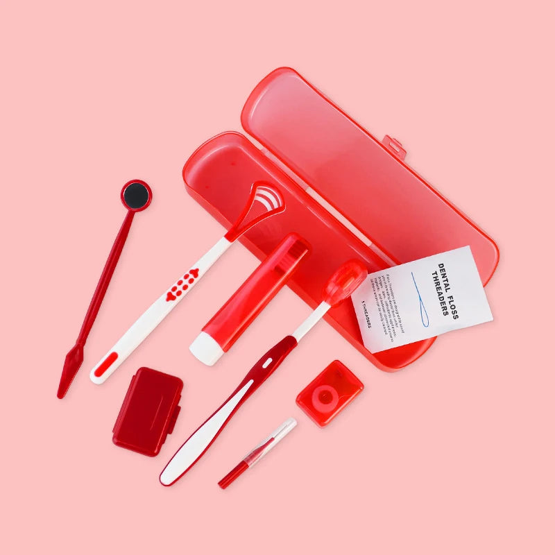 8Pcs Orthodontic Dental Care Brush Kit Teeth Cleaning Braces Toothbrush with Interdental Brush Floss Thread Ortho Wax Travel Kit