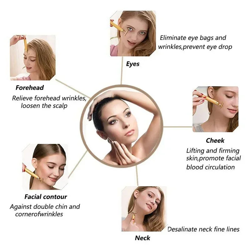 Zelixo 24K Gold Face Lift Roller — T-Shape Vibrating Facial Slimming Massager