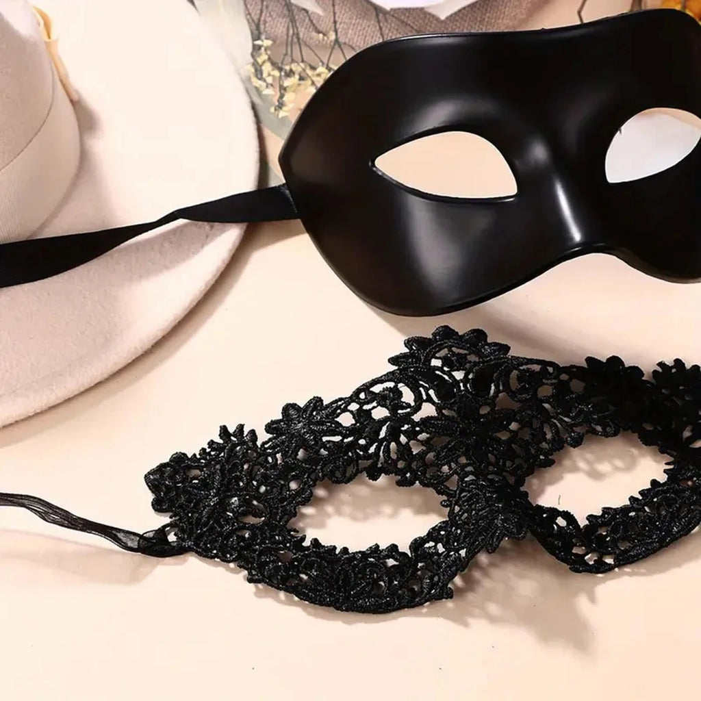 Zelixo Black Lace Masquerade Masks 2pc — Elegant Couples Venetian Party Set