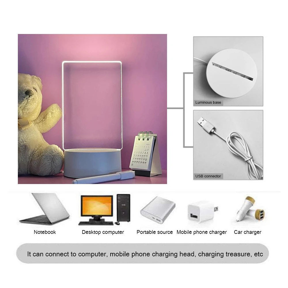 Zelixo LED Acrylic Message Board Night Light — Erasable Write-On Desktop Lamp