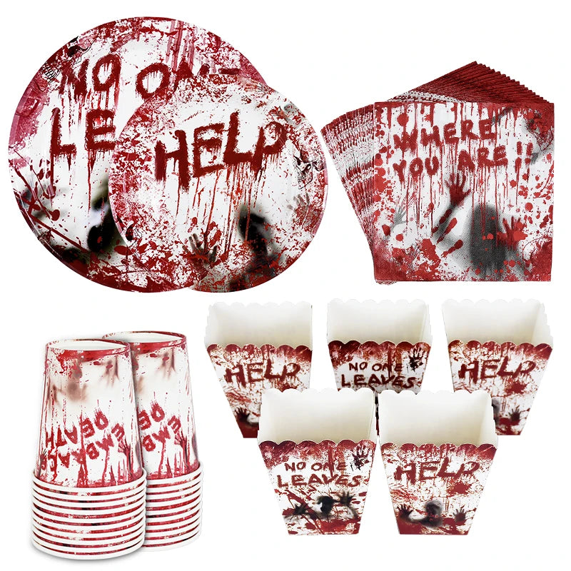 Zelixo Halloween Party Tableware — Bloody Handprint Plates, Cups & Popcorn Boxes