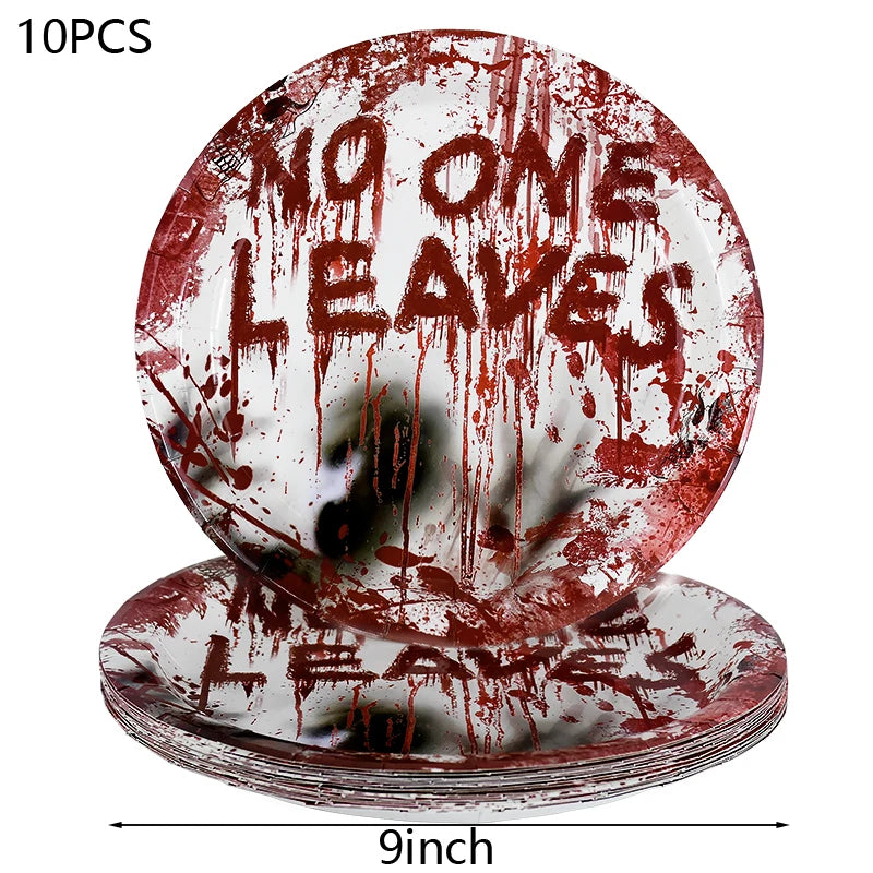 Zelixo Halloween Party Tableware — Bloody Handprint Plates, Cups & Popcorn Boxes