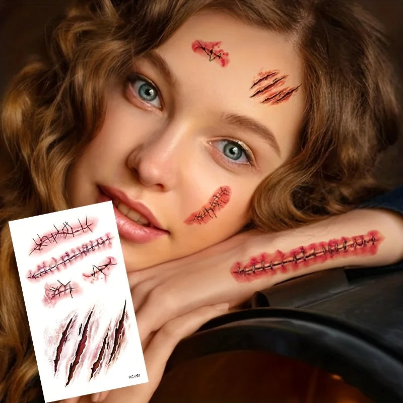 Zelixo Halloween Scar Temporary Tattoos — Waterproof Blood Clot Face Stickers