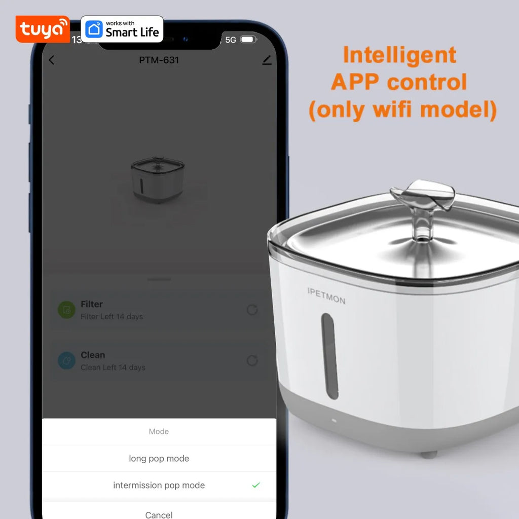 Zelixo Tuya Smart Cat Water Fountain — 2.5L WiFi App Control Stainless Steel Bowl