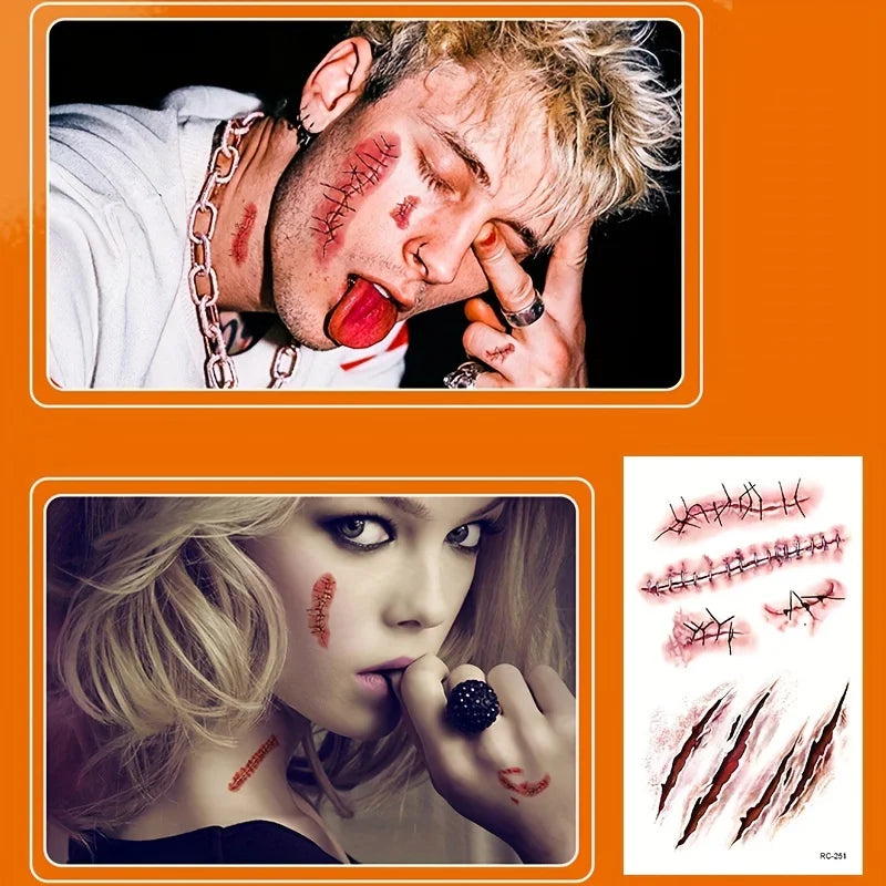 Zelixo Halloween Scar Temporary Tattoos — Waterproof Blood Clot Face Stickers