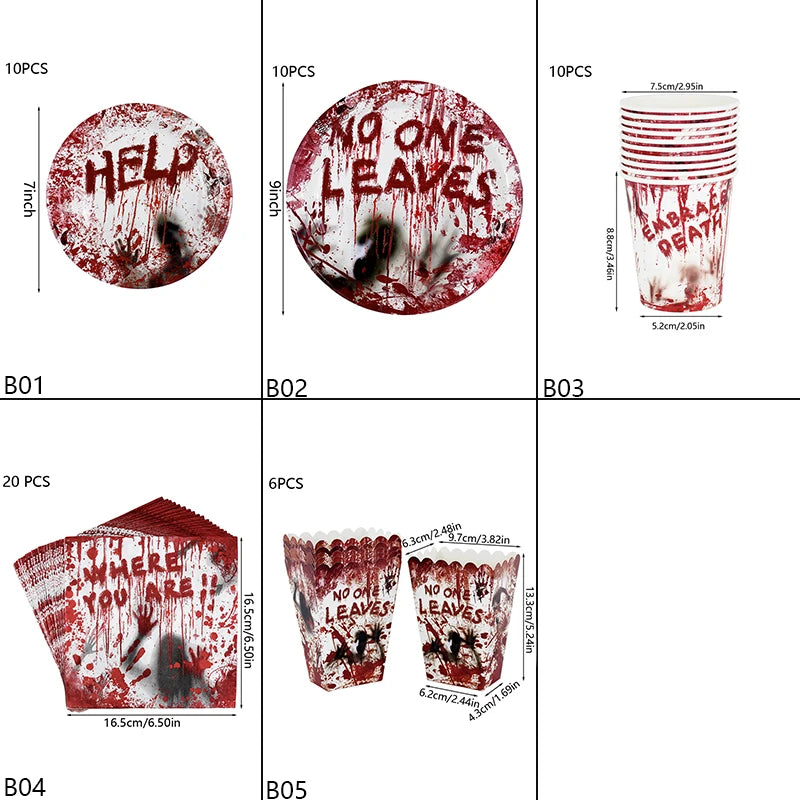 Zelixo Halloween Party Tableware — Bloody Handprint Plates, Cups & Popcorn Boxes
