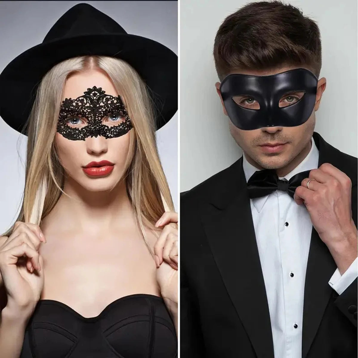Zelixo Black Lace Masquerade Masks 2pc — Elegant Couples Venetian Party Set