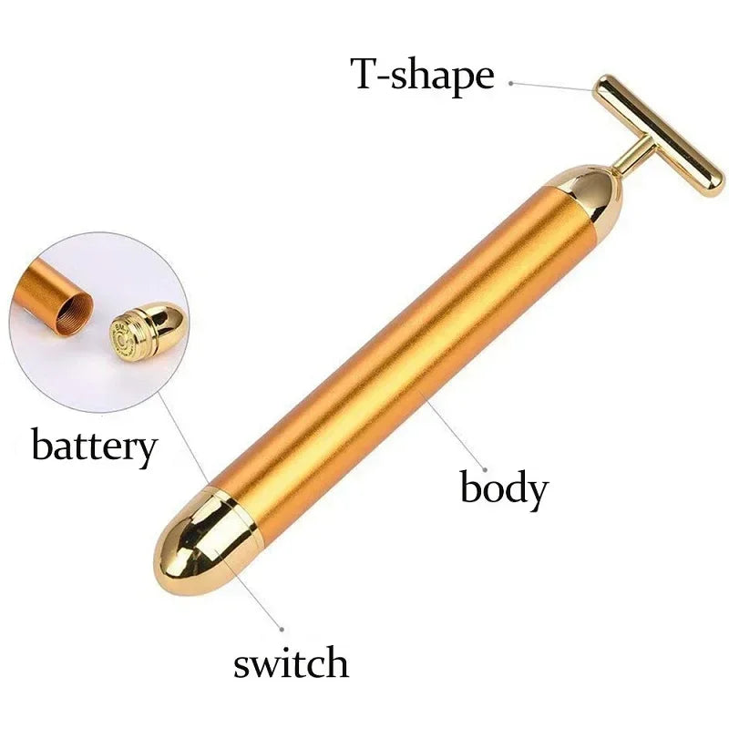Zelixo 24K Gold Face Lift Roller — T-Shape Vibrating Facial Slimming Massager