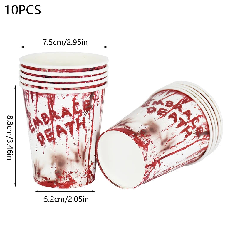 Zelixo Halloween Party Tableware — Bloody Handprint Plates, Cups & Popcorn Boxes