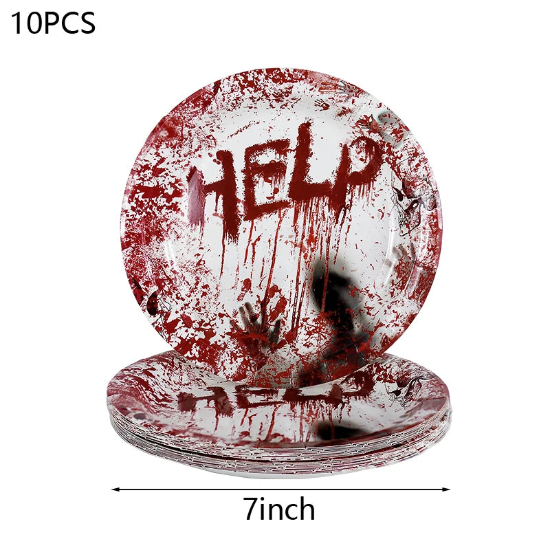 Zelixo Halloween Party Tableware — Bloody Handprint Plates, Cups & Popcorn Boxes