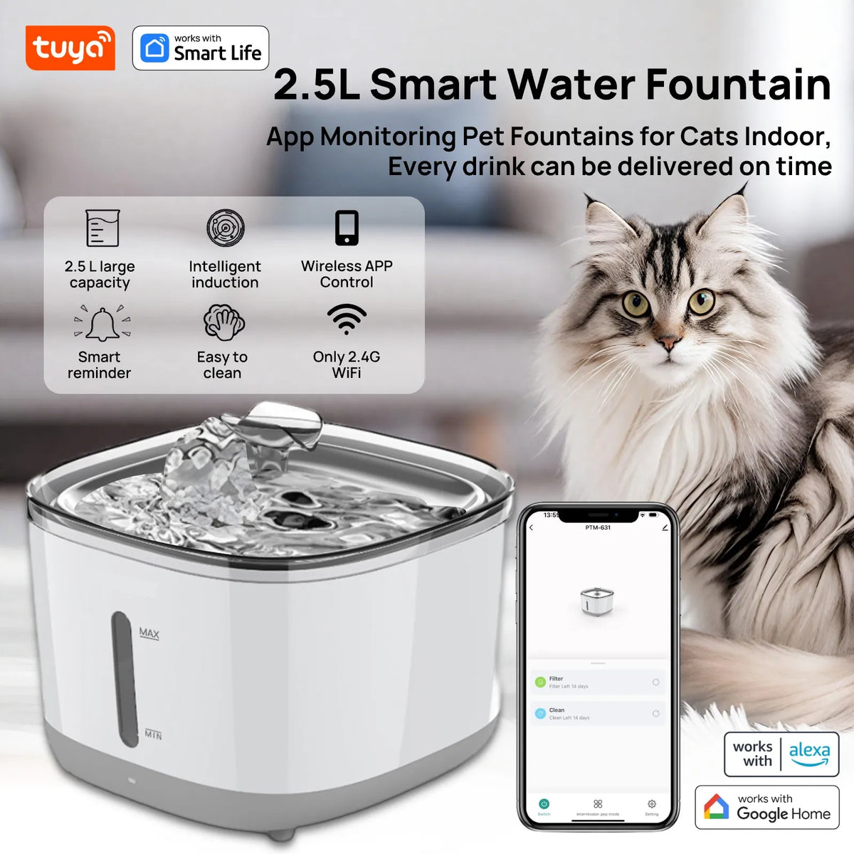 Zelixo Tuya Smart Cat Water Fountain — 2.5L WiFi App Control Stainless Steel Bowl
