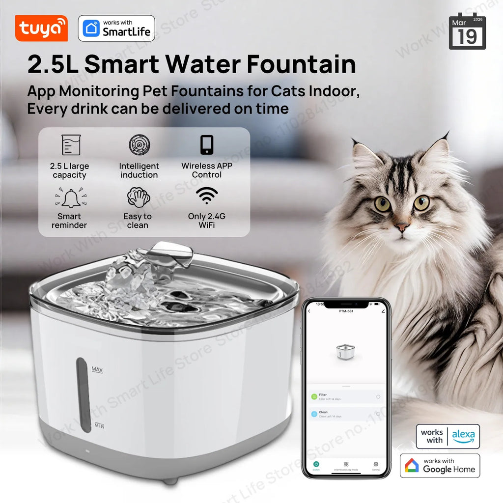 Zelixo Tuya Smart Cat Water Fountain — 2.5L WiFi App Control Stainless Steel Bowl