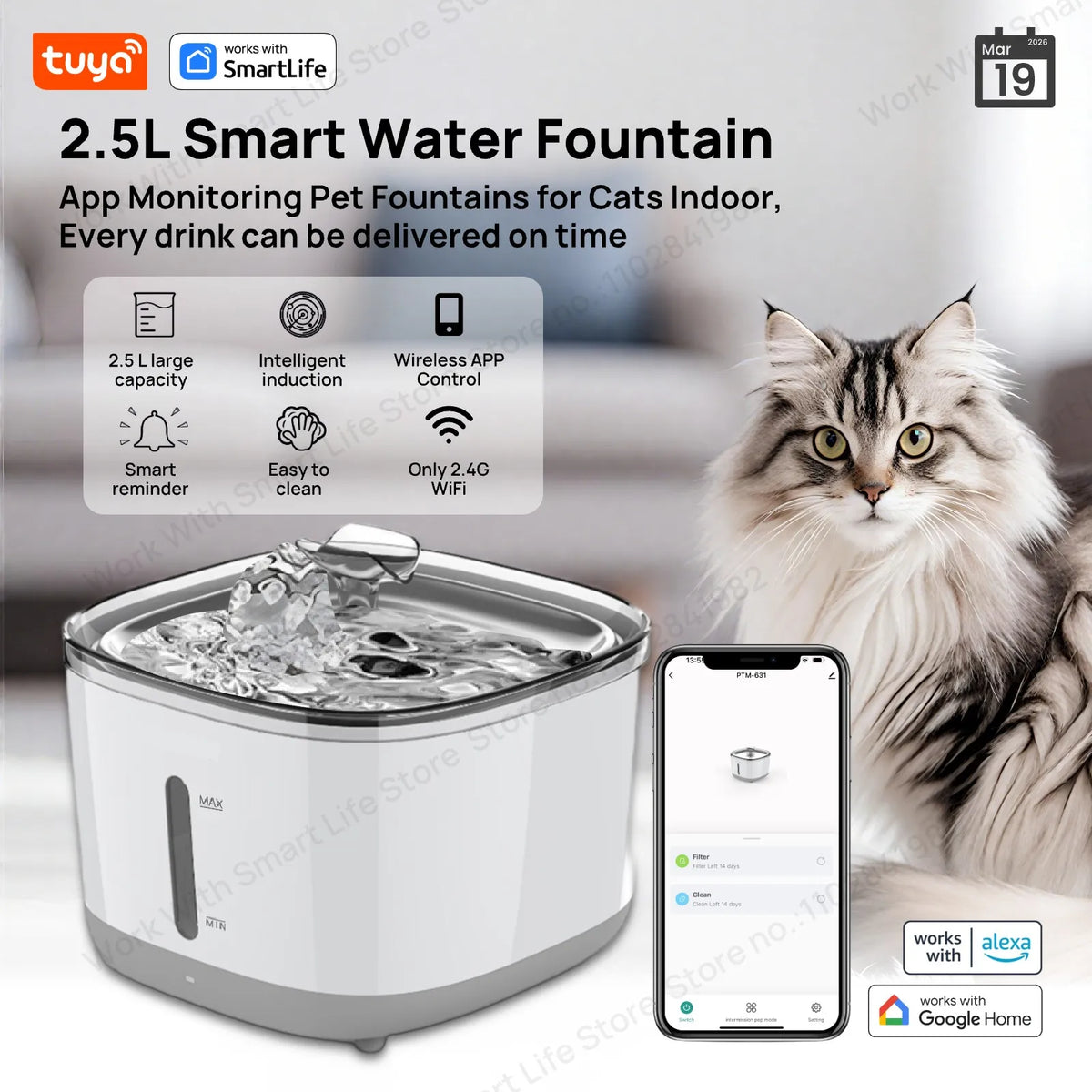 Zelixo Tuya Smart Cat Water Fountain — 2.5L WiFi App Control Stainless Steel Bowl