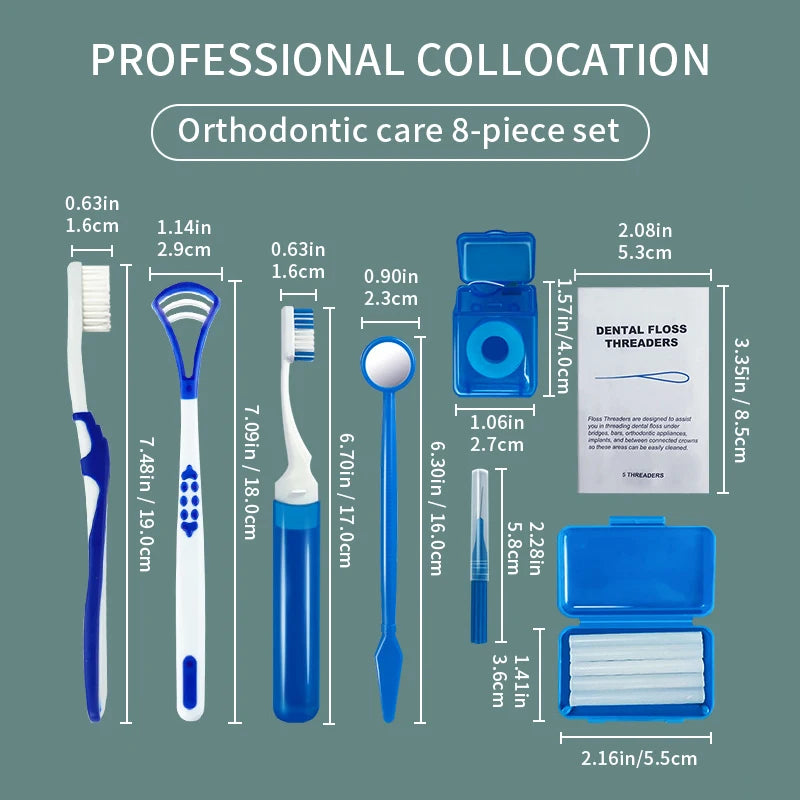 8Pcs Orthodontic Dental Care Brush Kit Teeth Cleaning Braces Toothbrush with Interdental Brush Floss Thread Ortho Wax Travel Kit