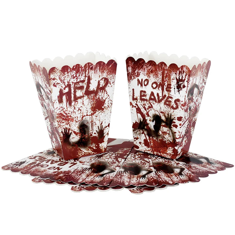 Zelixo Halloween Party Tableware — Bloody Handprint Plates, Cups & Popcorn Boxes
