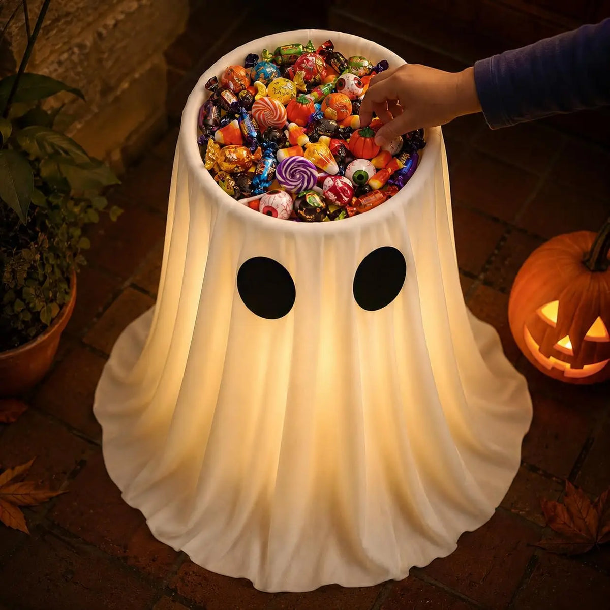 Zelixo Lighted Ghost Candy Bowl — Large Trick-or-Treat Halloween Porch Decor