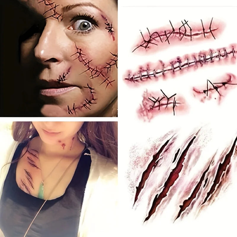 Zelixo Halloween Scar Temporary Tattoos — Waterproof Blood Clot Face Stickers