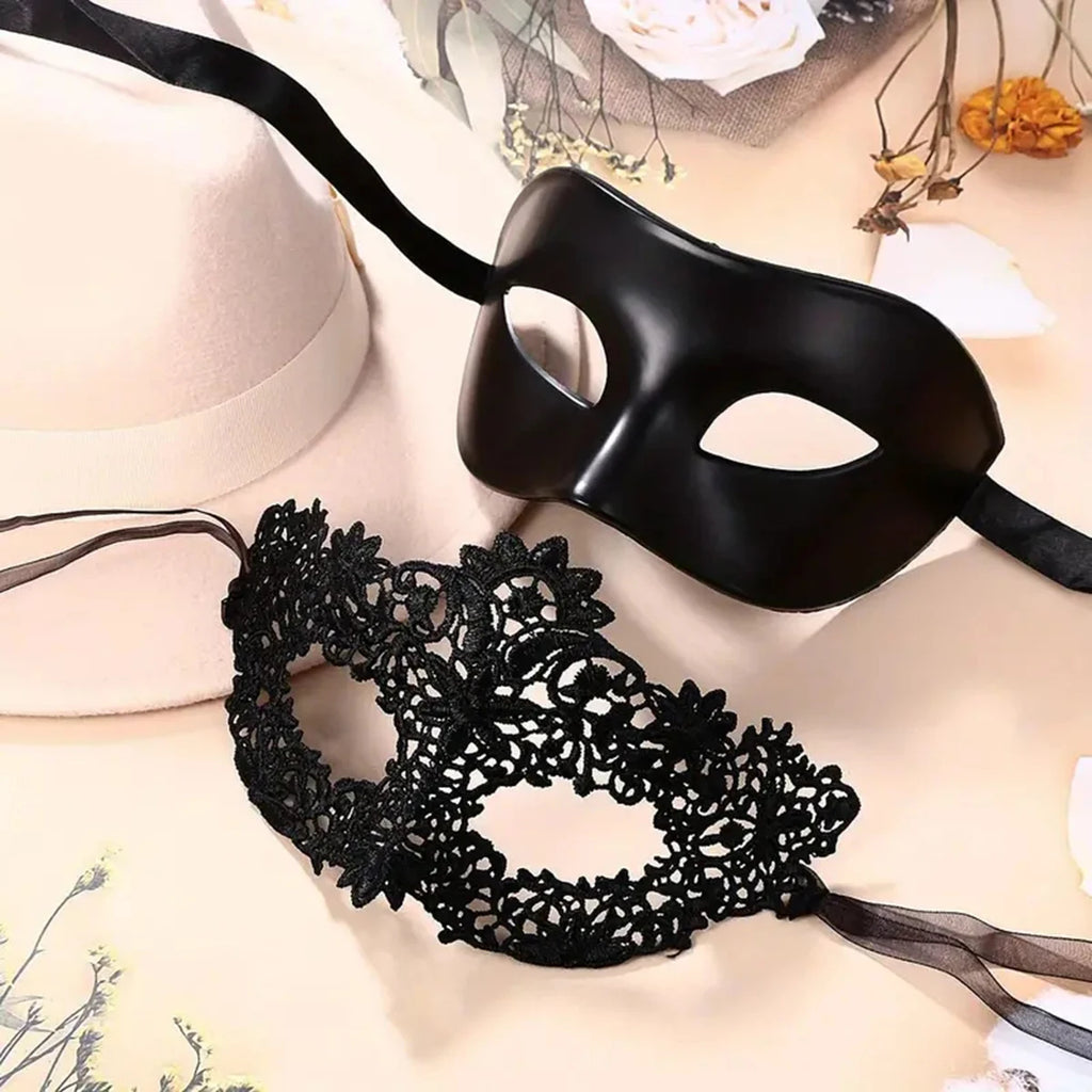 Zelixo Black Lace Masquerade Masks 2pc — Elegant Couples Venetian Party Set