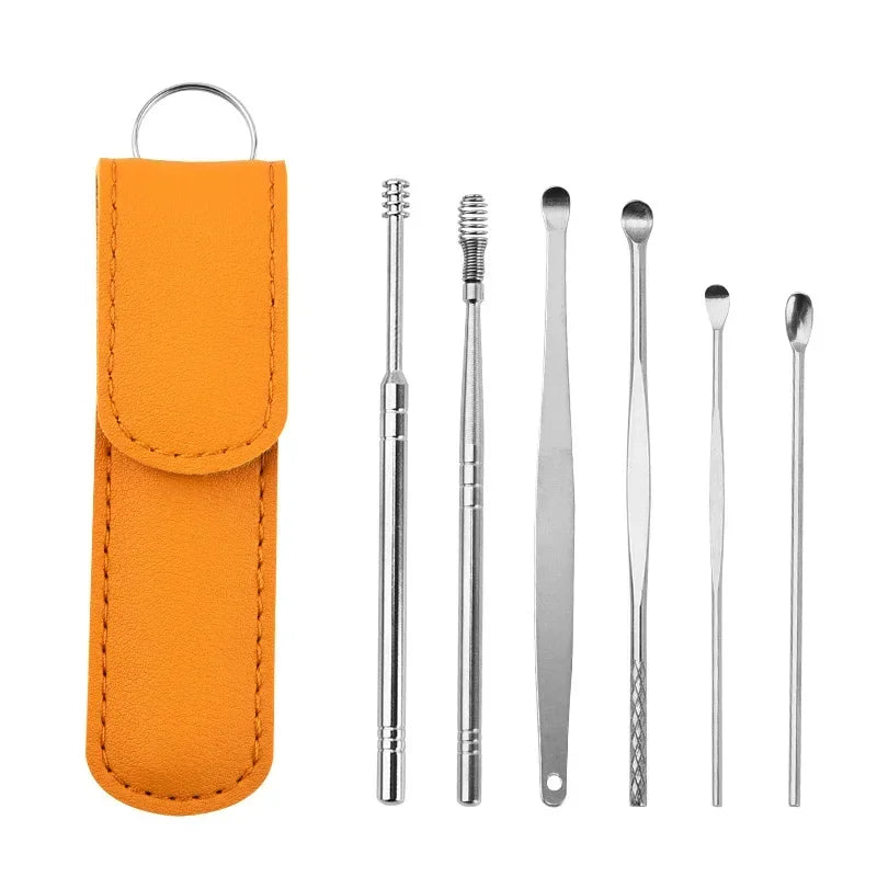 6pcs Stainless Steel Ear Wax Removal Tool Set Spiral Rotating EarPicking Spoon Ear Picker Spoon For Cleaning Collecting Ear Wax