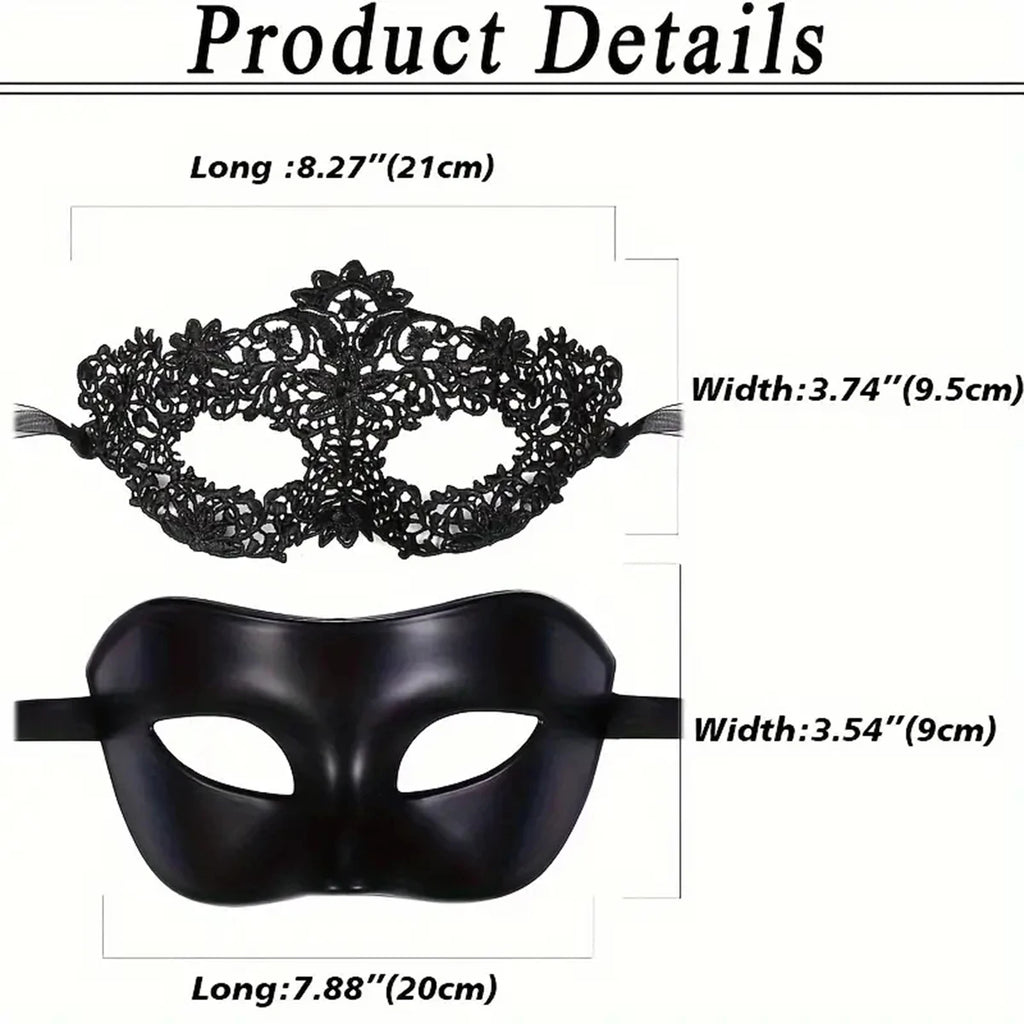 Zelixo Black Lace Masquerade Masks 2pc — Elegant Couples Venetian Party Set