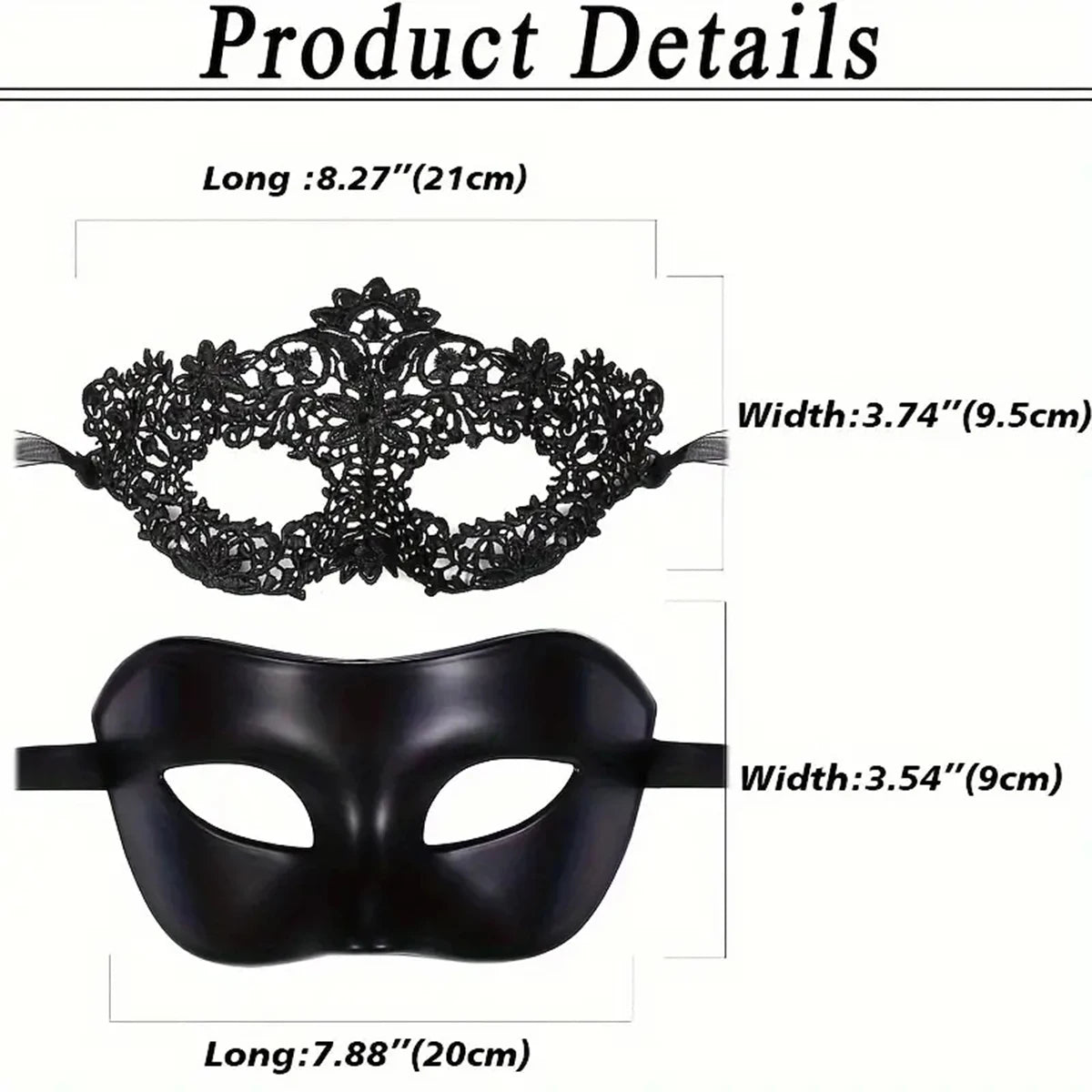 Zelixo Black Lace Masquerade Masks 2pc — Elegant Couples Venetian Party Set