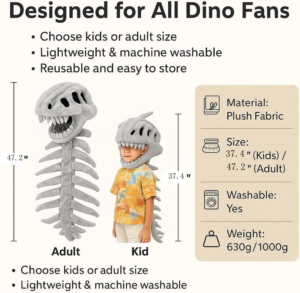 Zelixo Dinosaur Skeleton Hat — Funny Soft Cosplay Costume Prop for Kids & Adults