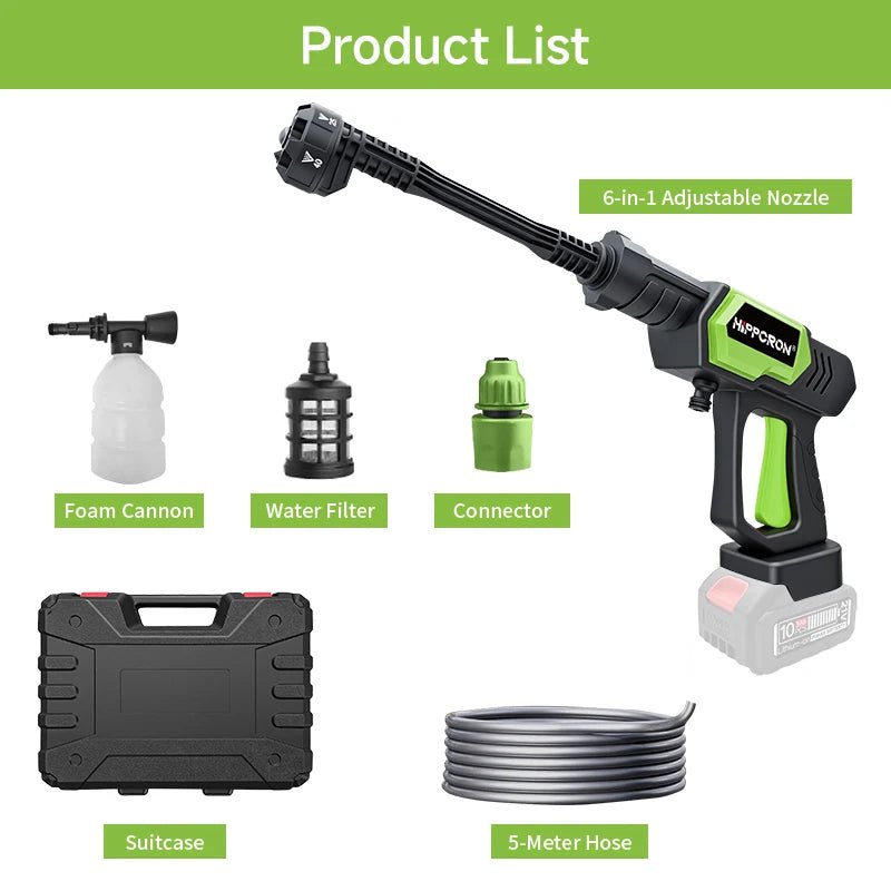 Hippcron Cordless Pressure Washer 1450PSI Portable Power Cleaning 6-in-1 Adjustable Nozzle All-in-One for Car Home Garden - Zelixo.shop