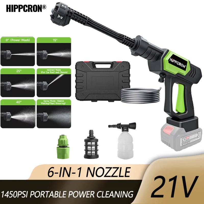 Hippcron Cordless Pressure Washer 1450PSI Portable Power Cleaning 6-in-1 Adjustable Nozzle All-in-One for Car Home Garden - Zelixo.shop