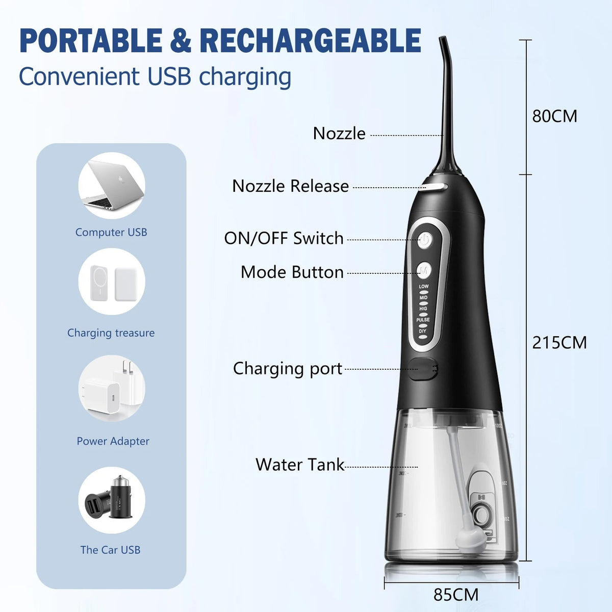 Oral Irrigator USB Rechargeable Water Flosser Portable Dental Water Jet 300ML Water Tank Waterproof Teeth Cleaner For Oral Care - Zelixo.shop
