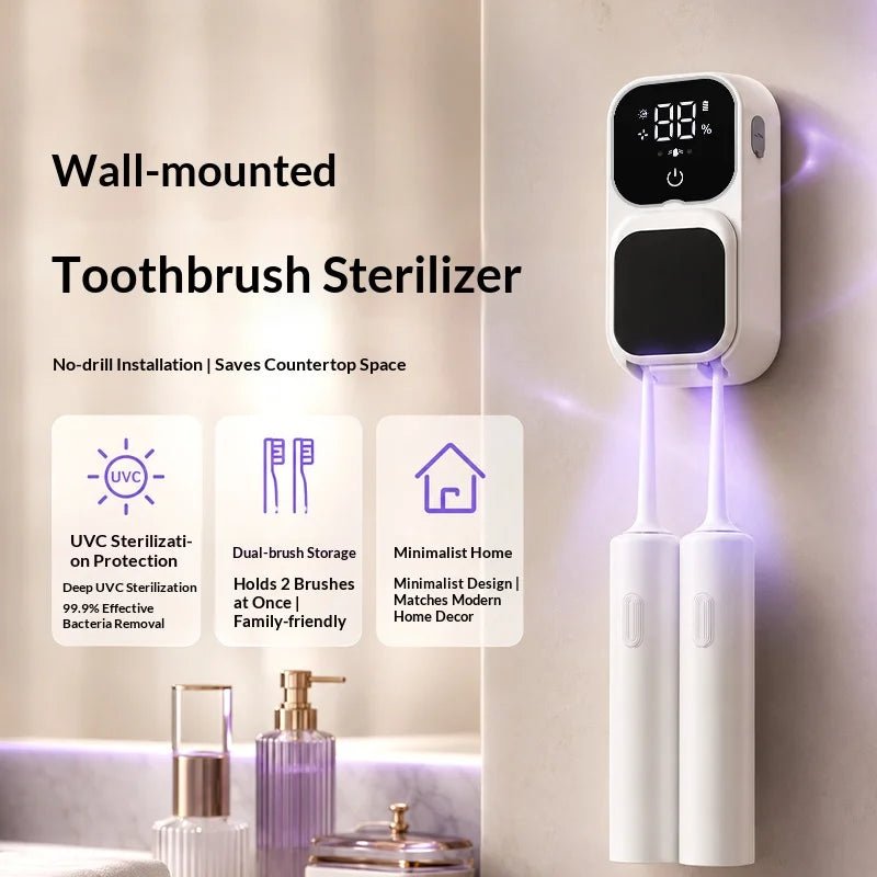 Rechargeable Smart Double Toothbrush UV Sterilizer Wall Mount Toothbrush Holder UV Disinfection & Air Drying Digital Display - Zelixo.shop