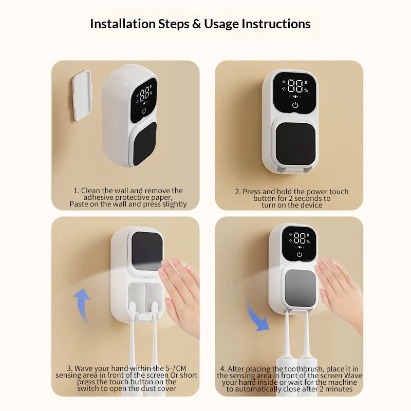 Rechargeable Smart Double Toothbrush UV Sterilizer Wall Mount Toothbrush Holder UV Disinfection & Air Drying Digital Display - Zelixo.shop