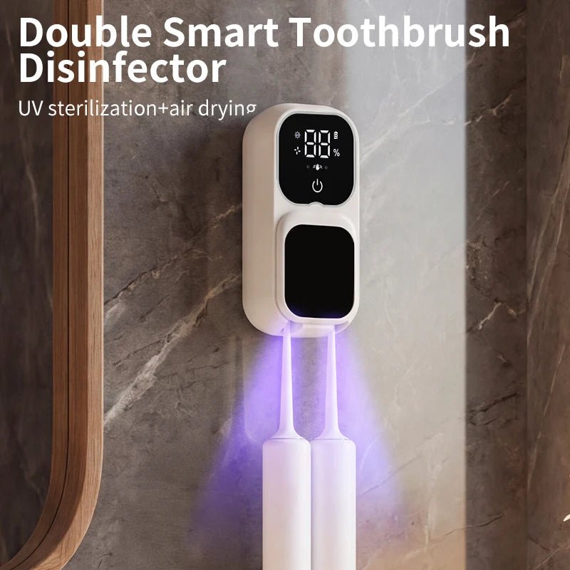 Rechargeable Smart Double Toothbrush UV Sterilizer Wall Mount Toothbrush Holder UV Disinfection & Air Drying Digital Display - Zelixo.shop